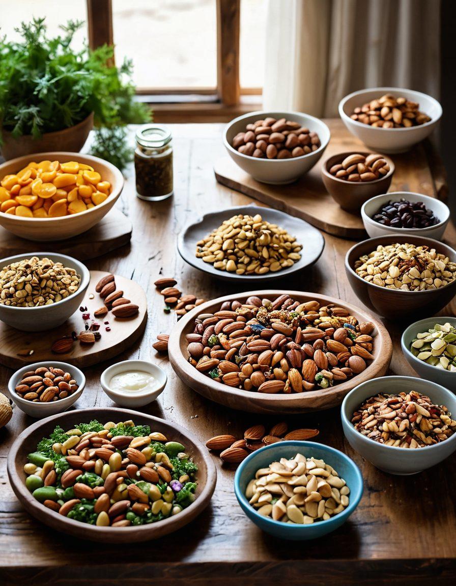 A vibrant wooden table adorned with an assortment of colorful nuts such as almonds, walnuts, and pistachios, alongside mouth-watering dishes like nut-based salads and desserts. In the background, a rustic cookbook is open, showcasing recipes, with fresh herbs and spices sprinkled around for a touch of authenticity. The scene is lit with warm natural light, creating an inviting and appetizing atmosphere. super-realistic. vibrant colors. rustic style.