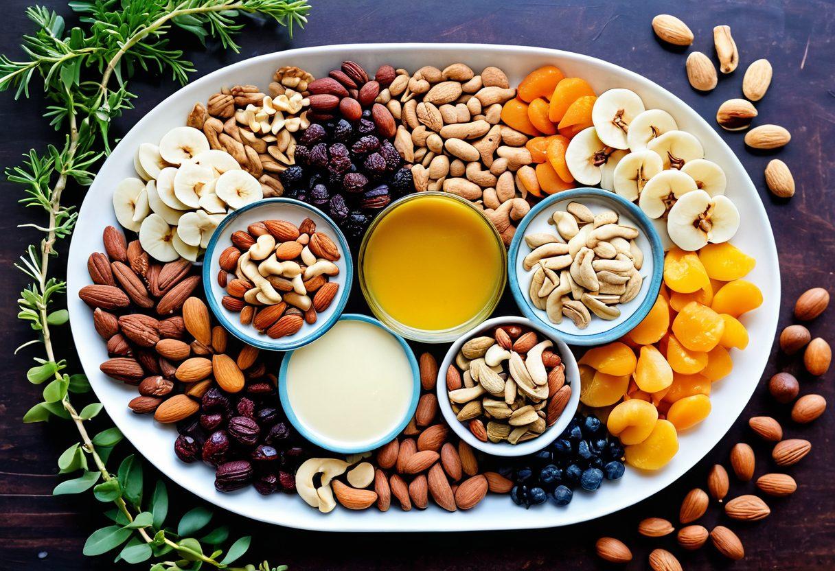 A beautifully arranged platter filled with various nuts like almonds, walnuts, and cashews, interspersed with colorful dried fruits and a small bowl of honey for dipping. The background features a playful kitchen setting with vibrant greenery, emphasizing health and creativity. Include small labeled tags showing health benefits of each nut in a warm, inviting color palette. artistic photography. vibrant colors. soft focus.