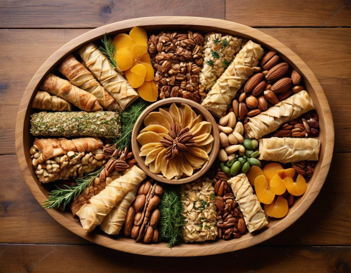 A beautifully arranged wooden platter showcasing an array of irresistible dishes, blending sweet and savory recipes featuring nuts. Include desserts like nutty baklava and savory dishes like spiced nut salads, garnished with fresh herbs. Warm lighting to enhance the delicious textures, with nuts artistically scattered around the platter. Elegant background elements like a rustic kitchen or decorative tableware to evoke a homely feeling. warm colors. natural lighting. high detail.